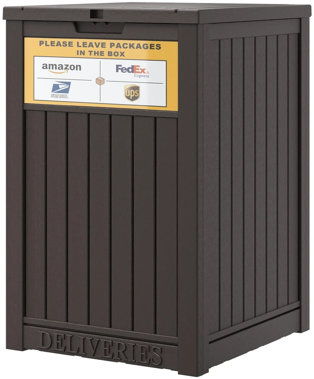 Main image of Package Delivery Box for Outside, Brown with Sign, Secure Lockable, Waterproof, Resin, for Porch & Garden