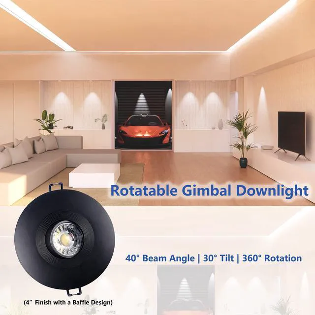 Alt view image 2 of 6 - 4 Inch LED Recessed Lights 6 Pack, Adjustable Gimbal Downlight,Black Anti-dazzle,8W 851LM,Premium Canless Spotlight,5CCT 2700K-5000K,5-100% Dimmable,30°Tilt,Die-cast Aluminum,Baffle,ETL,IC Rated