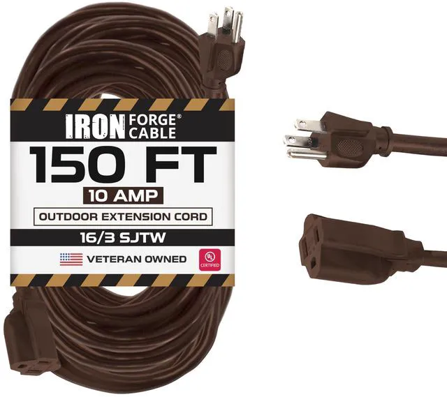 Main image of 16 Gauge Heavy Duty Brown Extension Cord, 150 Ft - SJTW 16/3 SJTW Cable, 3 Prong Grounded Plug, 13 Amp - For Landscaping, Leaf Blowers, Lights, Appliances