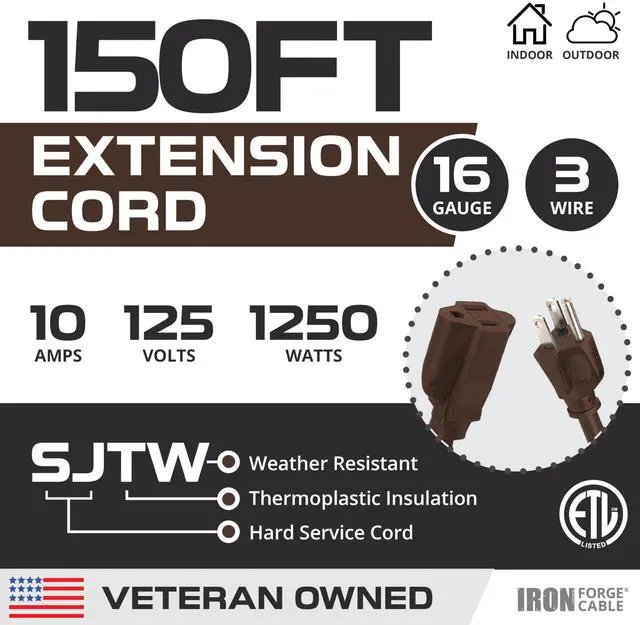 Alt view image 2 of 7 - 16 Gauge Heavy Duty Brown Extension Cord, 150 Ft - SJTW 16/3 SJTW Cable, 3 Prong Grounded Plug, 13 Amp - For Landscaping, Leaf Blowers, Lights, Appliances