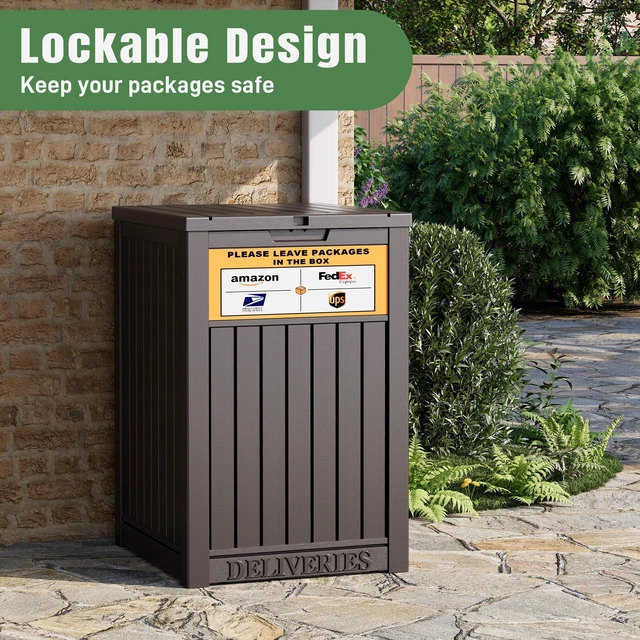 Alt view image 3 of 6 - Package Delivery Box for Outside, Brown with Sign, Secure Lockable, Waterproof, Resin, for Porch & Garden
