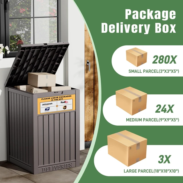 Alt view image 4 of 6 - Package Delivery Box for Outside, Brown with Sign, Secure Lockable, Waterproof, Resin, for Porch & Garden