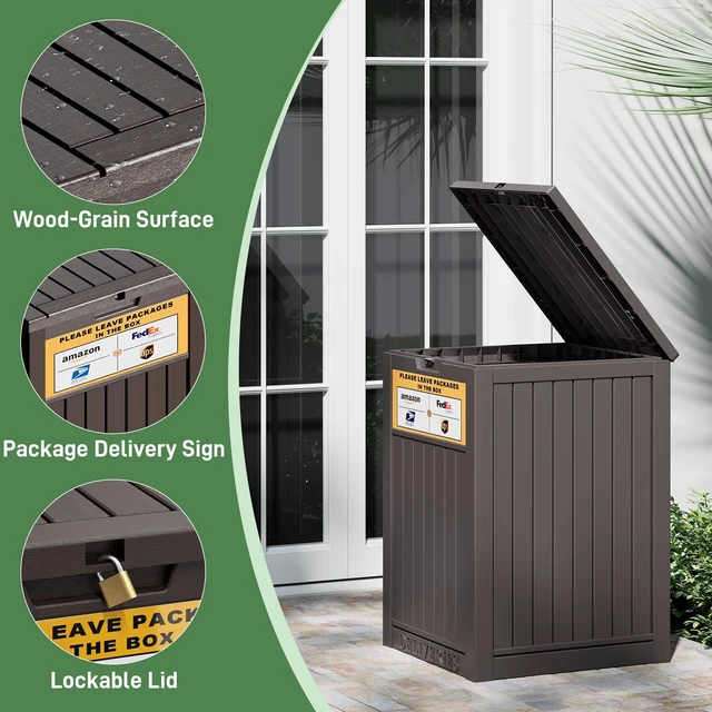 Alt view image 5 of 6 - Package Delivery Box for Outside, Brown with Sign, Secure Lockable, Waterproof, Resin, for Porch & Garden