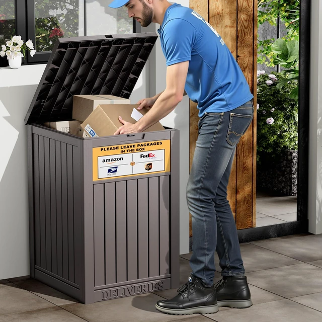 Alt view image 6 of 6 - Package Delivery Box for Outside, Brown with Sign, Secure Lockable, Waterproof, Resin, for Porch & Garden