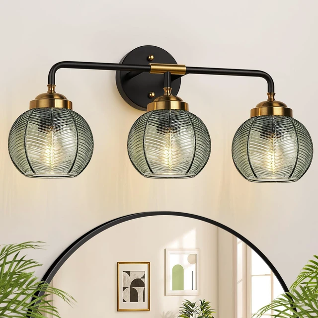Main image of Bathroom Light Fixtures, 3-Light Green Vanity Lights with Unique Leaf Texture Glass Shade, Modern Matte Black and Gold Bathroom Wall Lamp for Mirror Hallway Cabinet Living Room