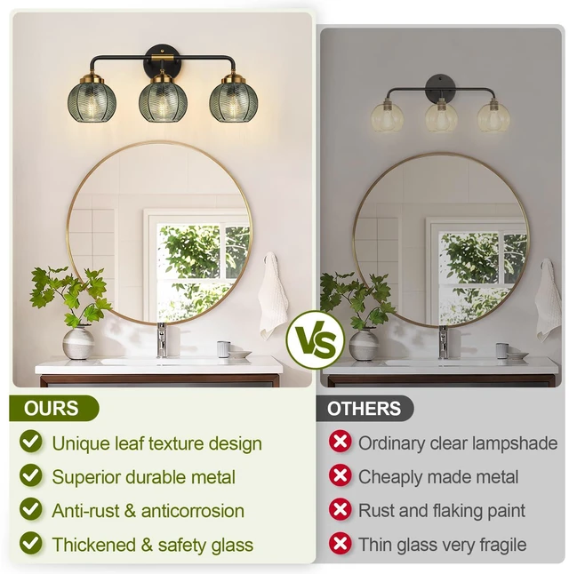 Alt view image 2 of 7 - Bathroom Light Fixtures, 3-Light Green Vanity Lights with Unique Leaf Texture Glass Shade, Modern Matte Black and Gold Bathroom Wall Lamp for Mirror Hallway Cabinet Living Room