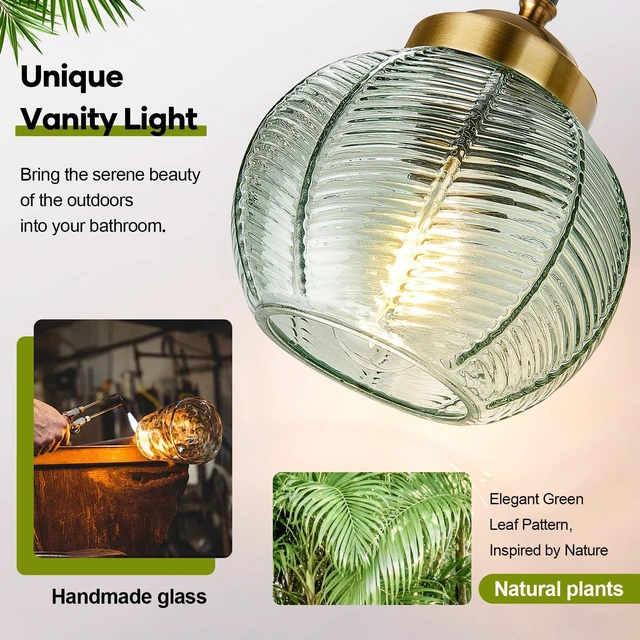 Alt view image 3 of 7 - Bathroom Light Fixtures, 3-Light Green Vanity Lights with Unique Leaf Texture Glass Shade, Modern Matte Black and Gold Bathroom Wall Lamp for Mirror Hallway Cabinet Living Room