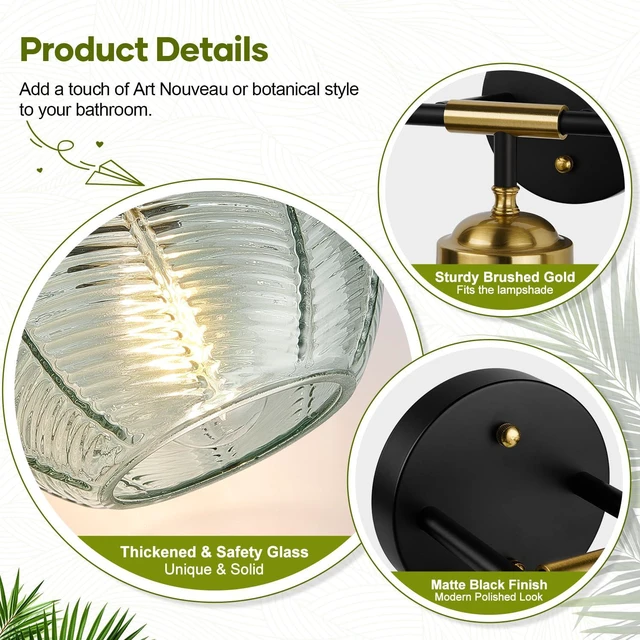 Alt view image 4 of 7 - Bathroom Light Fixtures, 3-Light Green Vanity Lights with Unique Leaf Texture Glass Shade, Modern Matte Black and Gold Bathroom Wall Lamp for Mirror Hallway Cabinet Living Room