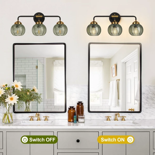 Alt view image 5 of 7 - Bathroom Light Fixtures, 3-Light Green Vanity Lights with Unique Leaf Texture Glass Shade, Modern Matte Black and Gold Bathroom Wall Lamp for Mirror Hallway Cabinet Living Room
