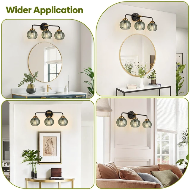 Alt view image 6 of 7 - Bathroom Light Fixtures, 3-Light Green Vanity Lights with Unique Leaf Texture Glass Shade, Modern Matte Black and Gold Bathroom Wall Lamp for Mirror Hallway Cabinet Living Room