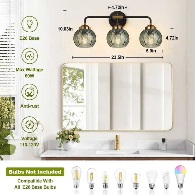 Alt view image 7 of 7 - Bathroom Light Fixtures, 3-Light Green Vanity Lights with Unique Leaf Texture Glass Shade, Modern Matte Black and Gold Bathroom Wall Lamp for Mirror Hallway Cabinet Living Room