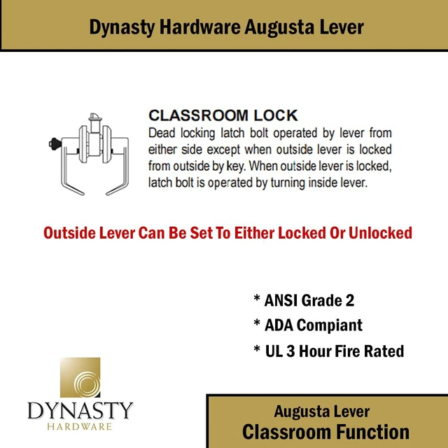 Alt view image 3 of 7 - Augusta Classroom Lever Lockset, ADA, Grade 2, Satin Chrome ADA Compliant Classroom Door Lever Lockset For School, Classroom Or Educational Facility, Grade 2 Heavy Duty Construction
