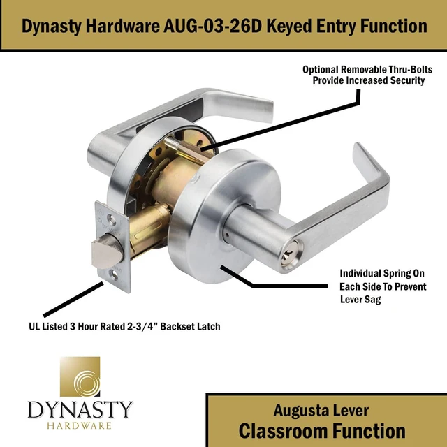 Alt view image 5 of 7 - Augusta Classroom Lever Lockset, ADA, Grade 2, Satin Chrome ADA Compliant Classroom Door Lever Lockset For School, Classroom Or Educational Facility, Grade 2 Heavy Duty Construction
