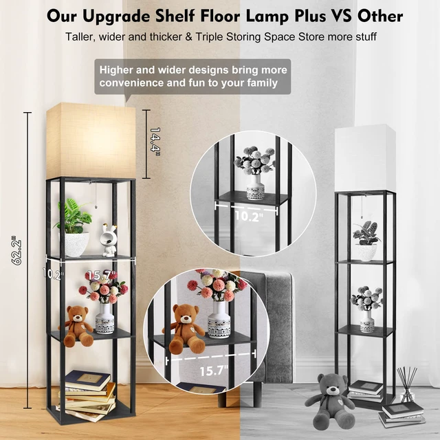 Alt view image 2 of 7 - Plus Floor Lamp with Shelves, Shelf Lamp with 15W LED Bulb, 3 Colors, Memory Function, Wide Display Shelf for Collectibles Storge, Floor Lamps for Living Room, Standing Lamp for Bedroom