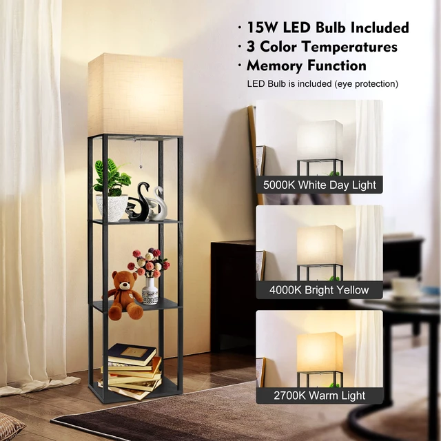 Alt view image 4 of 7 - Plus Floor Lamp with Shelves, Shelf Lamp with 15W LED Bulb, 3 Colors, Memory Function, Wide Display Shelf for Collectibles Storge, Floor Lamps for Living Room, Standing Lamp for Bedroom