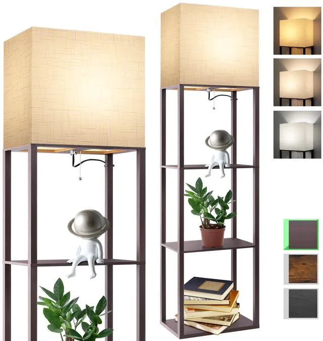 Main image of Plus - Floor Lamp with Shelves, Wide Shelf Lamp, Shelf Floor Lamp with 15W LED Bulb, 3 Colors Temperature, Memory Function, Large Display Storage, Standing Lamps for Living Room, Bedroom, Wood