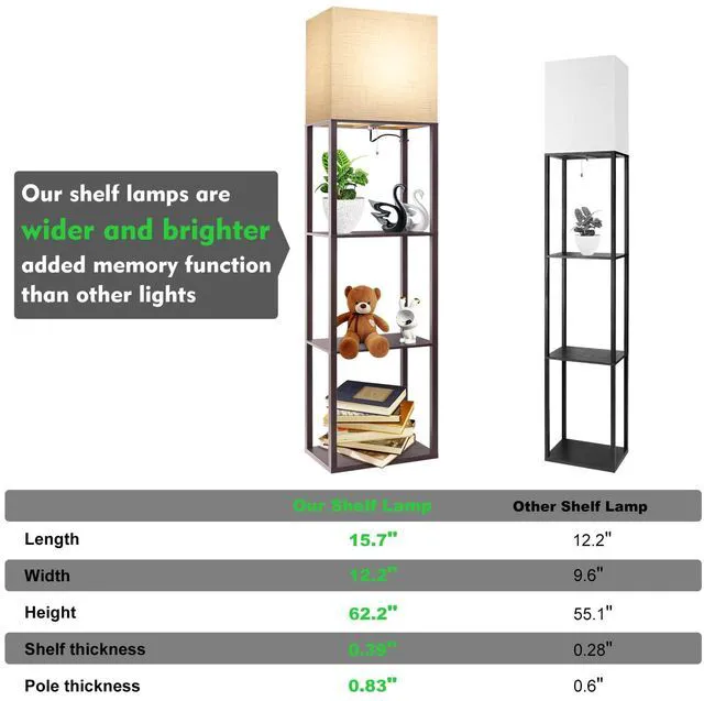 Alt view image 2 of 7 - Plus - Floor Lamp with Shelves, Wide Shelf Lamp, Shelf Floor Lamp with 15W LED Bulb, 3 Colors Temperature, Memory Function, Large Display Storage, Standing Lamps for Living Room, Bedroom, Wood