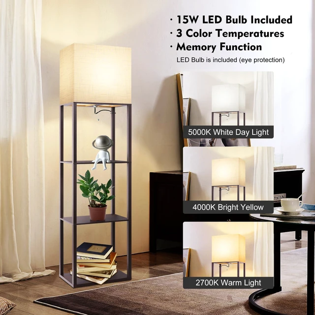 Alt view image 3 of 7 - Plus - Floor Lamp with Shelves, Wide Shelf Lamp, Shelf Floor Lamp with 15W LED Bulb, 3 Colors Temperature, Memory Function, Large Display Storage, Standing Lamps for Living Room, Bedroom, Wood