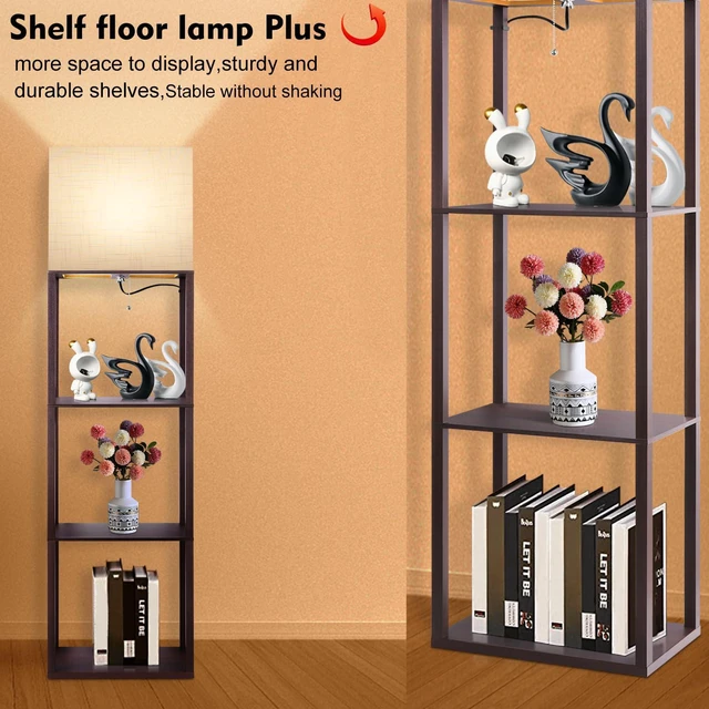 Alt view image 4 of 7 - Plus - Floor Lamp with Shelves, Wide Shelf Lamp, Shelf Floor Lamp with 15W LED Bulb, 3 Colors Temperature, Memory Function, Large Display Storage, Standing Lamps for Living Room, Bedroom, Wood