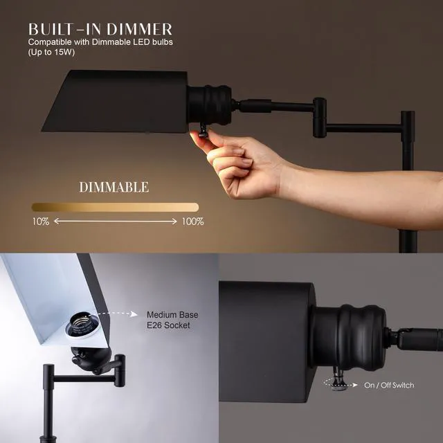 Alt view image 3 of 7 - OBright Arcadia - Pharmacy Floor Lamp, Full Range Dimming, Swing Arm Task Lamp, E26 Socket, Bulb Replaceable, Adjustable Height 47 to 55, 360° Rotatable Shade, All-Metal Design, Black