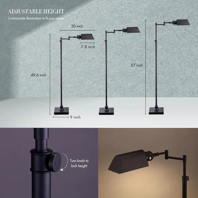 Alt view image 4 of 7 - OBright Arcadia - Pharmacy Floor Lamp, Full Range Dimming, Swing Arm Task Lamp, E26 Socket, Bulb Replaceable, Adjustable Height 47 to 55, 360° Rotatable Shade, All-Metal Design, Black