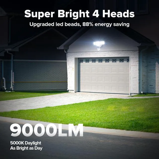 Alt view image 2 of 7 - 80W 9000LM LED Security Lights Motion Sensor Outdoor Lights, 4 Head LED Flood Lights Outdoor 5000K Daylight, IP65 Waterproof, Motion Detected Lights for Outside, Garage, Yard (White) - 2 Pack