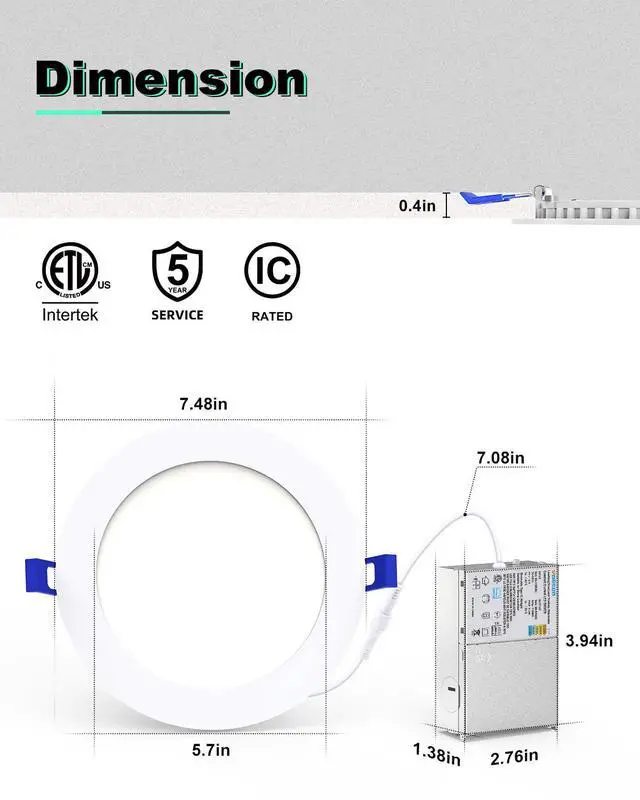 Alt view image 4 of 7 - 12 Pack 7 inch Recessed Lighting, 5CCT, 2700K-5000K Selectable LED Recessed Light with Junction Box, Dimmable Canless Wafer Downlight, LED Ceiling Light ETL Certificated
