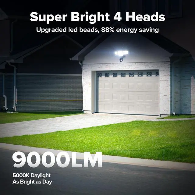 Alt view image 2 of 7 - 80W 9000LM LED Security Lights Motion Sensor Outdoor Lights, 4 Head LED Flood Lights Outdoor 5000K Daylight, IP65 Waterproof, Motion Detected Lights for Outside, Garage, Yard (Black) - 2 Pack