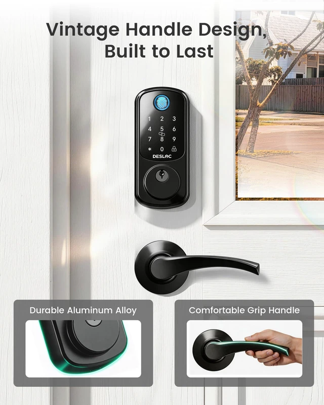 Alt view image 2 of 7 - B200 Fingerprint Smart Lock with 2 Ergonomic Curved Handles 8-in-1 Unlock, Palm-Friendly Curve for Natural Comfort, ADA-Compliant Lever, App Control, Auto Lock, Long Battery Life, Black