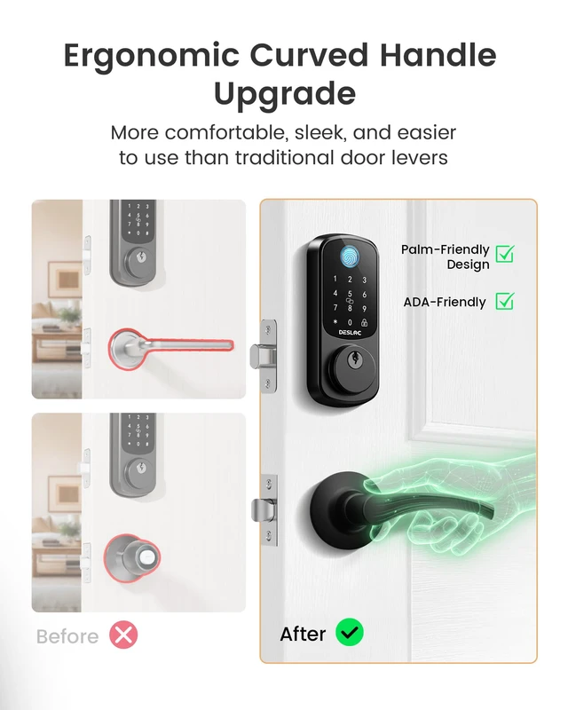Alt view image 3 of 7 - B200 Fingerprint Smart Lock with 2 Ergonomic Curved Handles 8-in-1 Unlock, Palm-Friendly Curve for Natural Comfort, ADA-Compliant Lever, App Control, Auto Lock, Long Battery Life, Black