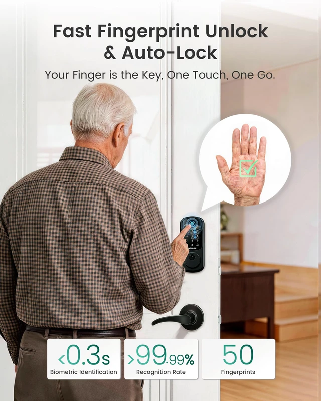 Alt view image 5 of 7 - B200 Fingerprint Smart Lock with 2 Ergonomic Curved Handles 8-in-1 Unlock, Palm-Friendly Curve for Natural Comfort, ADA-Compliant Lever, App Control, Auto Lock, Long Battery Life, Black