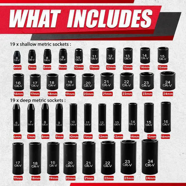 Alt view image 2 of 7 - 64pcs 3/8" Socket Set,Drive Impact Socket Set, SAE/Metric, Deep & Shallow, Cr-V Steel, 6 Point with Adapters, 72T Ratchet Handle, Extension BarsBit Adapter6-24mm5/16-1 inch