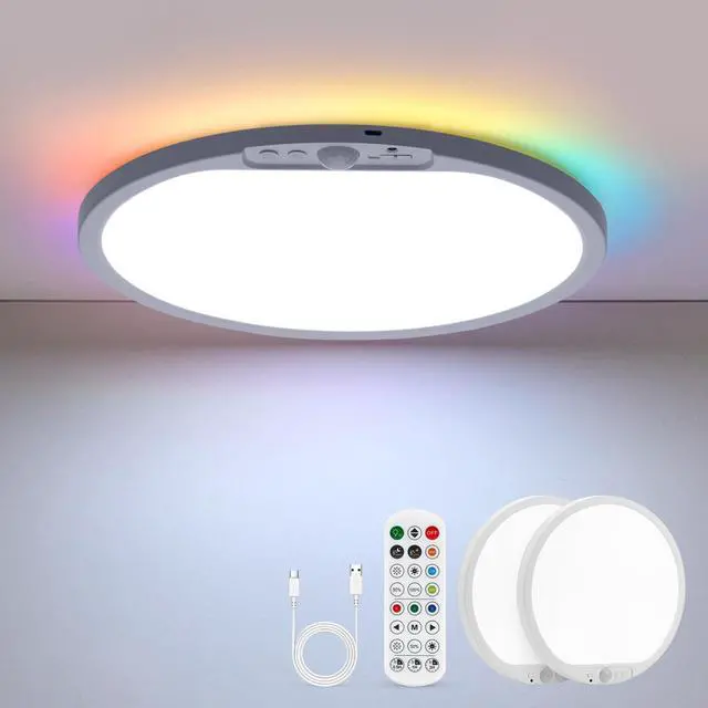 Main image of 10000mah Battery Powered Rechargeable Motion Sensor Ceiling Lights with Remote, 12 Inch Wireless Waterproof Shower Magnetic RGB Overhead Lighting with Backlight for Bedroom Bathroom 2pack