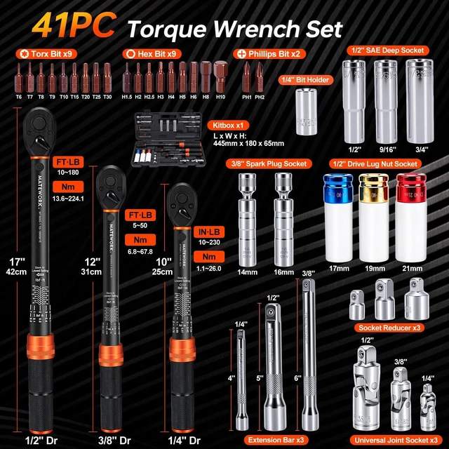 Alt view image 2 of 7 - 41PCS Torque Wrench Set 1/4 3/8 1/2-Inch Drive, Complete Click Torque Wrench Kit with Sockets, Bits, Extension Bars & Adapters, ±3% Accuracy 72-Tooth Dual-Scale Wrenches for Bike, Moto, Car, Truck