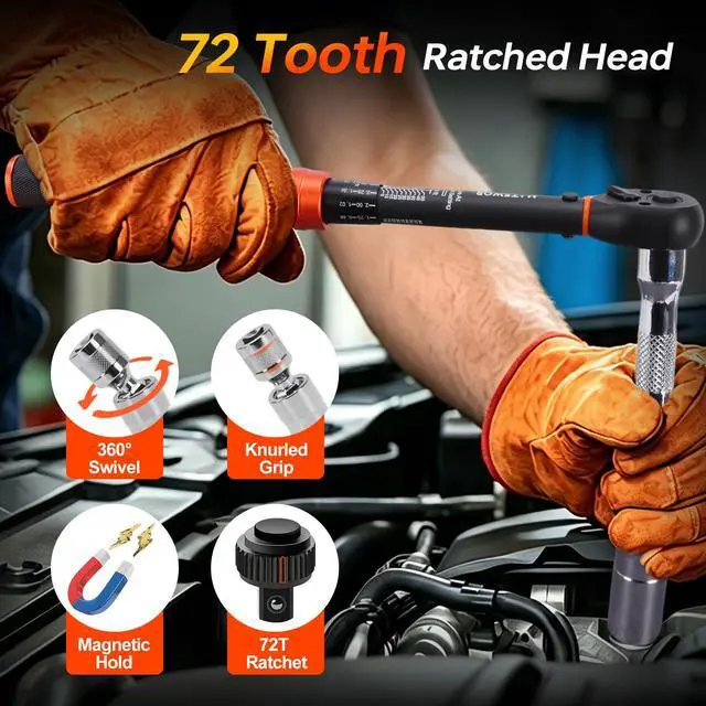 Alt view image 6 of 7 - 41PCS Torque Wrench Set 1/4 3/8 1/2-Inch Drive, Complete Click Torque Wrench Kit with Sockets, Bits, Extension Bars & Adapters, ±3% Accuracy 72-Tooth Dual-Scale Wrenches for Bike, Moto, Car, Truck