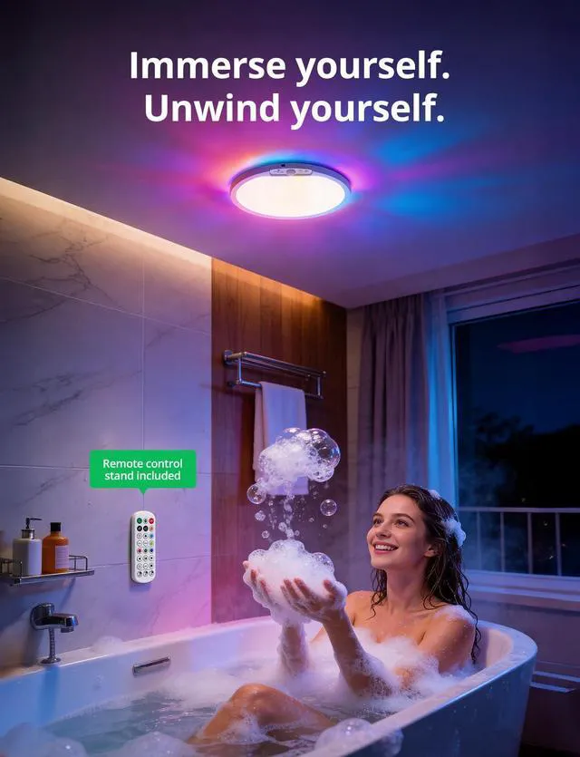 Alt view image 5 of 7 - 10000mah Battery Powered Rechargeable Motion Sensor Ceiling Lights with Remote, 12 Inch Wireless Waterproof Shower Magnetic RGB Overhead Lighting with Backlight for Bedroom Bathroom 2pack