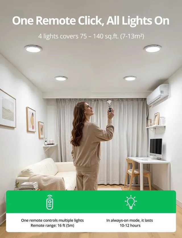 Alt view image 4 of 7 - Rechargeable Motion Sensor Ceiling Light with Remote Battery Operated 4 Pack Magnetic Wireless Stick On Light No Wiring Renter Friendly for Closet Bedroom Hallway lámparas recargables para techo