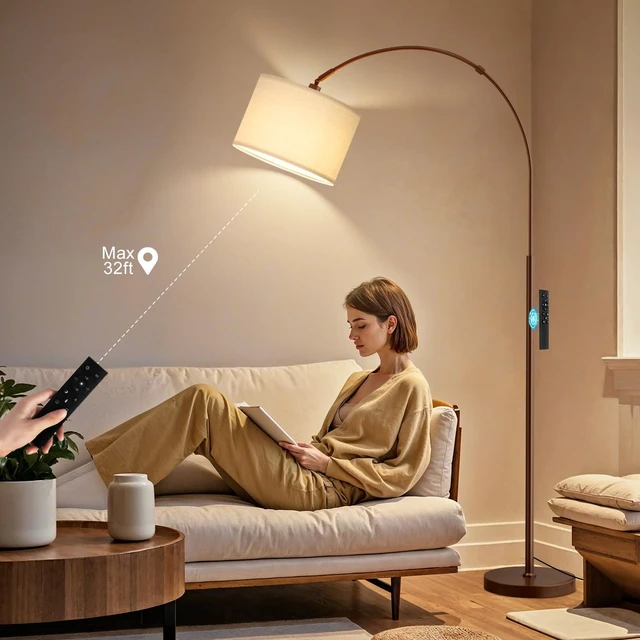 Alt view image 6 of 7 - Dimmable Arc Floor Lamp with Remote, Color Temp Adjustable, Brown Rotating Head, Foot Switch & Remote, Arched Floor Lamp for Living Room Bedroom Office, Over Couch Arched Light, Beige & Brown