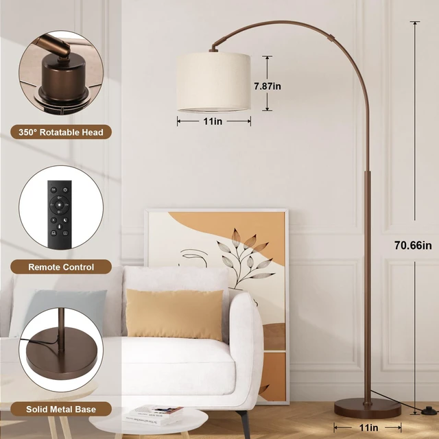 Alt view image 2 of 7 - Dimmable Arc Floor Lamp with Remote, Color Temp Adjustable, Brown Rotating Head, Foot Switch & Remote, Arched Floor Lamp for Living Room Bedroom Office, Over Couch Arched Light, Beige & Brown