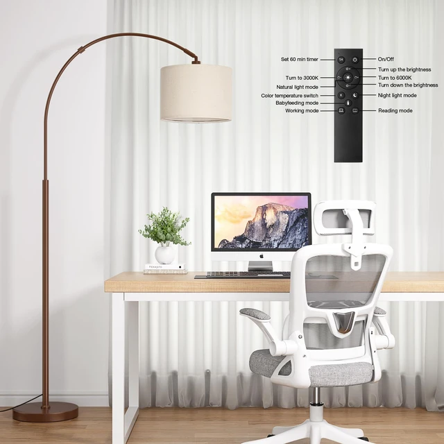 Alt view image 3 of 7 - Dimmable Arc Floor Lamp with Remote, Color Temp Adjustable, Brown Rotating Head, Foot Switch & Remote, Arched Floor Lamp for Living Room Bedroom Office, Over Couch Arched Light, Beige & Brown
