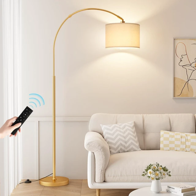 Main image of Dimmable Arc Floor Lamp with Remote, Color Temp Adjustable, Gold Rotating Head, Foot Switch & Remote, Arched Floor Lamp for Living Room Bedroom Office, Over Couch Arched Light, Beige & Gold