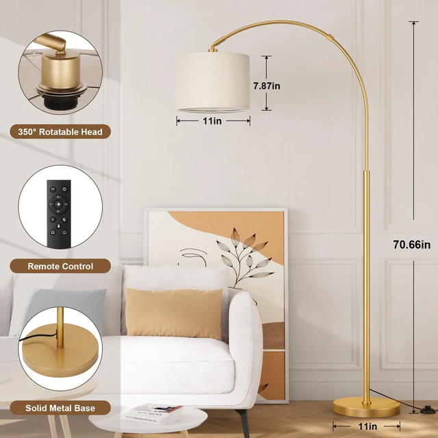 Alt view image 2 of 7 - Dimmable Arc Floor Lamp with Remote, Color Temp Adjustable, Gold Rotating Head, Foot Switch & Remote, Arched Floor Lamp for Living Room Bedroom Office, Over Couch Arched Light, Beige & Gold