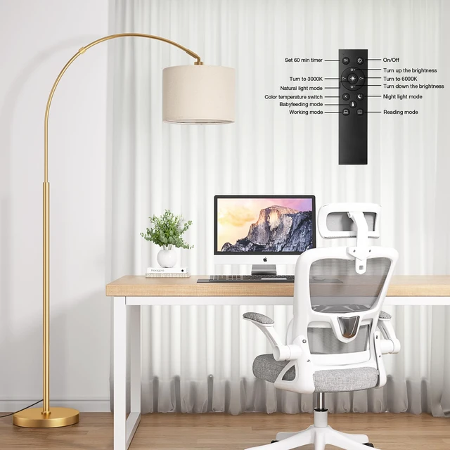 Alt view image 3 of 7 - Dimmable Arc Floor Lamp with Remote, Color Temp Adjustable, Gold Rotating Head, Foot Switch & Remote, Arched Floor Lamp for Living Room Bedroom Office, Over Couch Arched Light, Beige & Gold