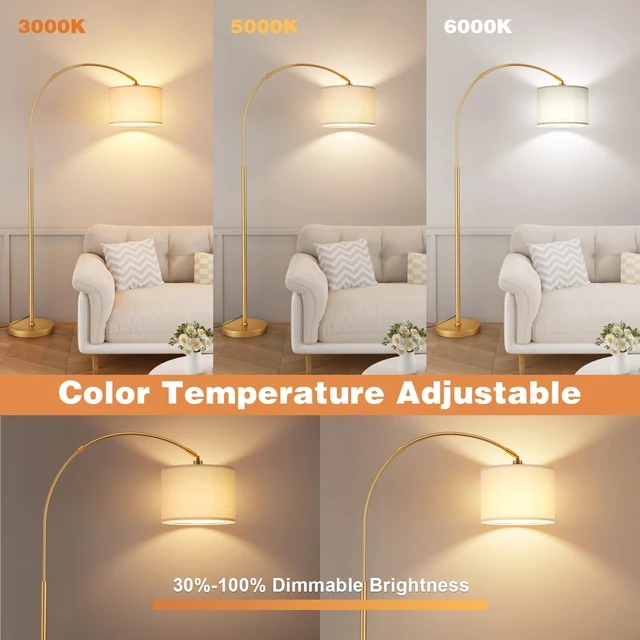 Alt view image 4 of 7 - Dimmable Arc Floor Lamp with Remote, Color Temp Adjustable, Gold Rotating Head, Foot Switch & Remote, Arched Floor Lamp for Living Room Bedroom Office, Over Couch Arched Light, Beige & Gold
