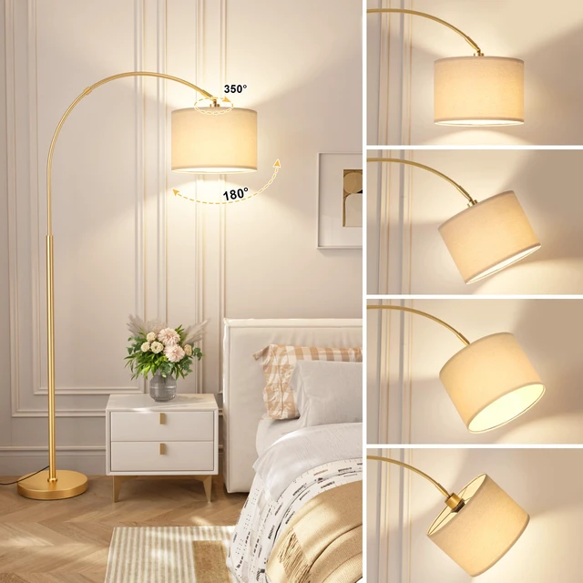 Alt view image 5 of 7 - Dimmable Arc Floor Lamp with Remote, Color Temp Adjustable, Gold Rotating Head, Foot Switch & Remote, Arched Floor Lamp for Living Room Bedroom Office, Over Couch Arched Light, Beige & Gold