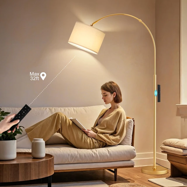 Alt view image 6 of 7 - Dimmable Arc Floor Lamp with Remote, Color Temp Adjustable, Gold Rotating Head, Foot Switch & Remote, Arched Floor Lamp for Living Room Bedroom Office, Over Couch Arched Light, Beige & Gold