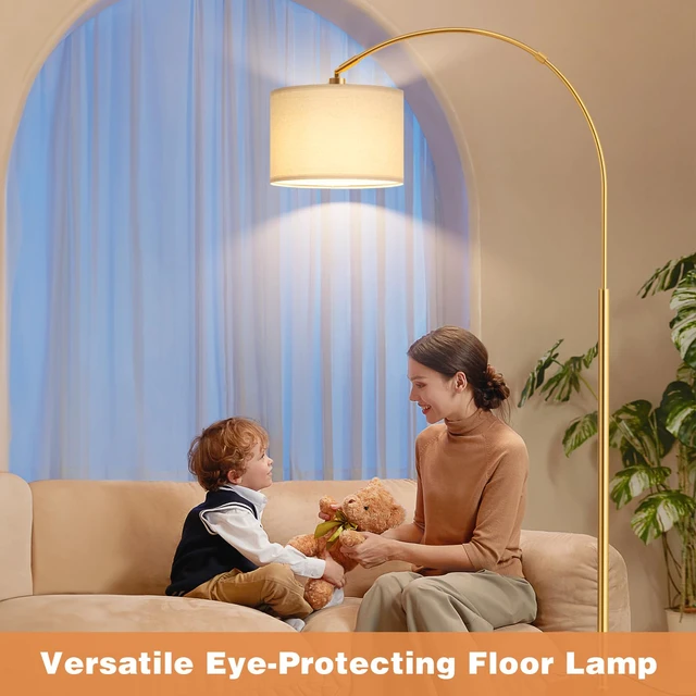 Alt view image 7 of 7 - Dimmable Arc Floor Lamp with Remote, Color Temp Adjustable, Gold Rotating Head, Foot Switch & Remote, Arched Floor Lamp for Living Room Bedroom Office, Over Couch Arched Light, Beige & Gold