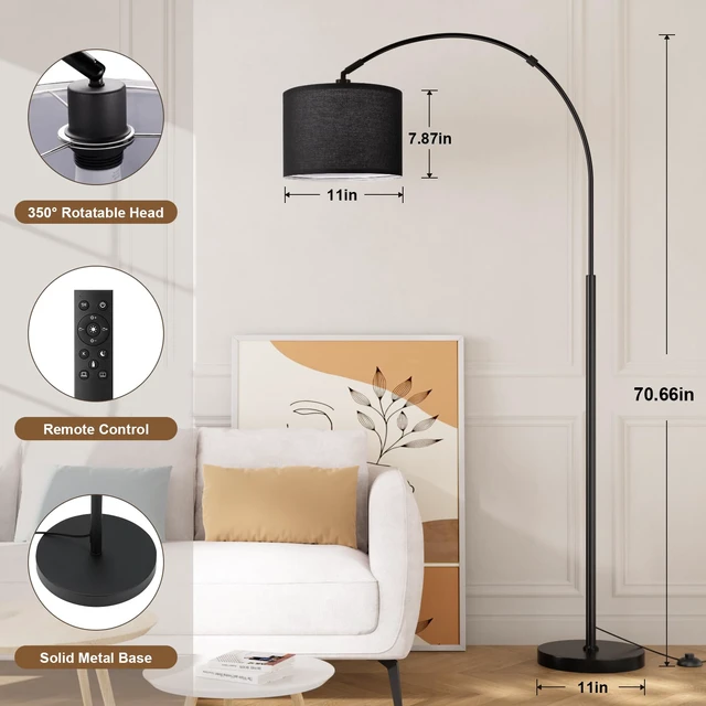 Alt view image 2 of 7 - Dimmable Arc Floor Lamp with Remote, Color Temperatures Adjustable Rotating Head, Foot Switch & Remote, Arched Floor Lamp for Living Room Bedroom Office, Over Couch Arched Light, Black & Black
