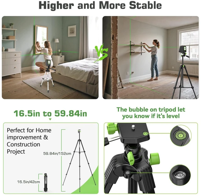 Alt view image 2 of 7 - Laser Level and 60in Tripod, 150°/150Ft Laser Level with Pulse Mode Self Leveling Lazer Leveler Tool Switchable Green Cross Line for Picture Hanging, Tile, DIY / Construction Project