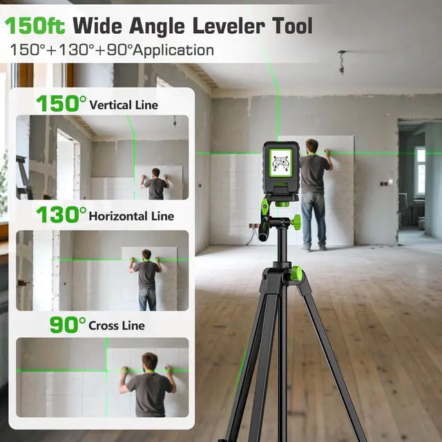 Alt view image 3 of 7 - Laser Level and 60in Tripod, 150°/150Ft Laser Level with Pulse Mode Self Leveling Lazer Leveler Tool Switchable Green Cross Line for Picture Hanging, Tile, DIY / Construction Project
